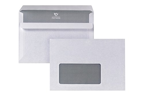 POSTHORN Briefumschlag C6 (1000 Stück), Kuvert mit Sichtfenster und selbstklebender Doppelklappe, weiße Briefumschläge mit grauem Innendruck, 114 x 162 mm, 75g/m² von POSTHORN MADE BY BONG
