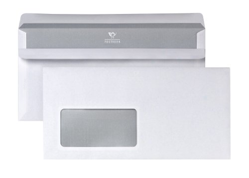 POSTHORN Briefumschlag DIN lang (100 Stück), selbstklebender Briefumschlag mit Fenster, weiße Briefumschläge mit grauem Innendruck für Sichtschutz, 110 x 220 mm, 75g/m² von POSTHORN MADE BY BONG