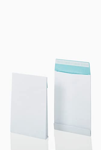 Bong Faltentasche B4 (125 Stück), haftklebende Faltentaschen mit Klotzboden, fadenverstärkte weiße Versandtaschen mit blauem Innendruck, 353 x 250 x 40 mm, 130g/m² von POSTHORN