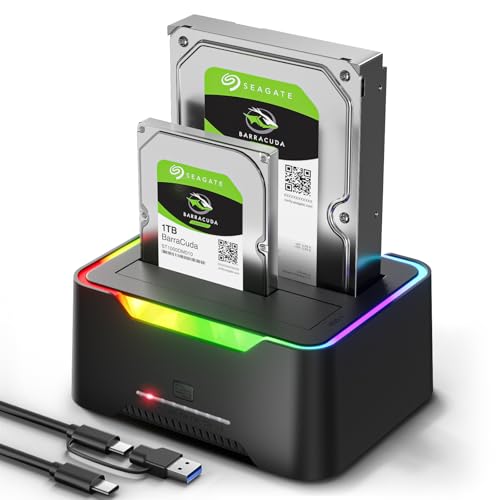 POSUGEAR Festplatten Docking Station, RGB USB 3.0 Festplattengehäuse für 2,5 und 3,5 Zoll SATA HDD/SSD, 2 x 20TB Dual Bay HDD Docking Station mit Offline Klonen Unterstützung werkzeugloser und UASP von POSUGEAR