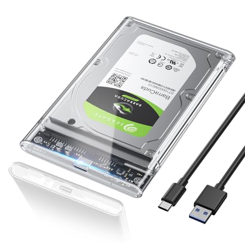 POSUGEAR Festplattengehäuse 2,5 Zoll, 6Gbps USB C 3.1 Gen 2 Externes Festplatten Gehäuse für 7mm/9.5mm 2.5 Zoll SATA SSD HDD mit UASP, Externe SSD Gehäuse mit USB 3.1 Kabel Werkzeugfreie Montage-Klar von POSUGEAR