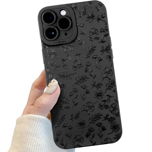 Handyhülle für iPhone 11 Pro Max Schwarz matt mit Kameraschutz, Handyhülle mit Schwarzer Blumen und Blätter Niedliches Design für Frauen Mädchen, Kratzfeste Blumen Hülle für iPhone 11 Pro Max von POTOK