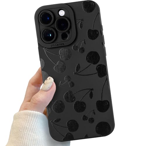 Handyhülle für iPhone 15 Pro Max Schwarz matt mit Kameraschutz, Handyhülle mit Schwarze Kirsche Niedliches Design für Frauen Mädchen, Kratzfeste Cheery Hülle für iPhone 15 Pro Max von POTOK