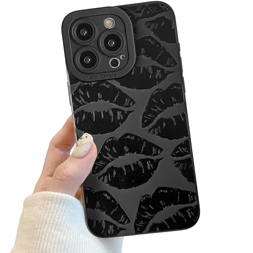 Handyhülle für iPhone 15 Pro Max Schwarz matt mit Kameraschutz, Niedlich Lippe Schutzhülle Design für Frauen Mädchen, Kratzfeste Schutzhülle für iPhone 15 Pro Max von POTOK