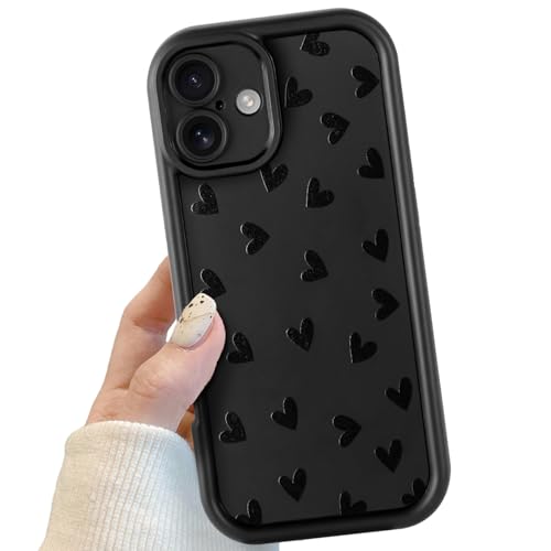 Handyhülle für iPhone 16 Plus Schwarz, Handyhülle mit Herz Muster Niedliches Hülle für Frauen Mädchen, Bumper Stoßfeste Schutzhülle für iPhone 16 Plus von POTOK