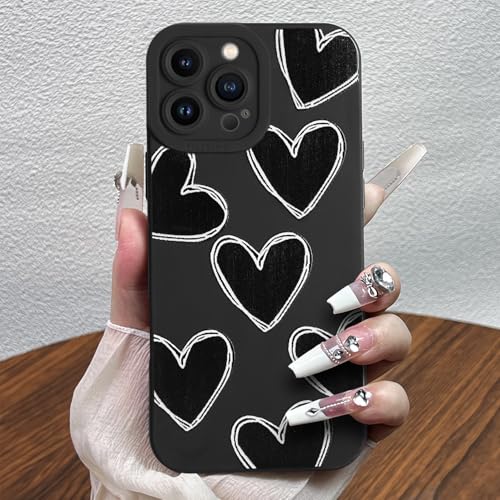 POTOK Handyhülle für iPhone 13 Pro Max Schwarz matt mit Kameraschutz, Niedlich Herz Silikon Hülle Design für Frauen Mädchen, Kratzfeste Schutzhülle für iPhone 13 Pro Max von POTOK