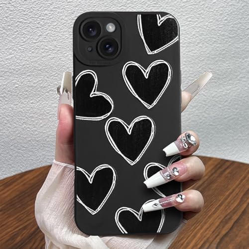 POTOK Handyhülle für iPhone 13 Schwarz matt mit Kameraschutz, Niedlich Herz Silikon Hülle Design für Frauen Mädchen, Kratzfeste Schutzhülle für iPhone 13 von POTOK