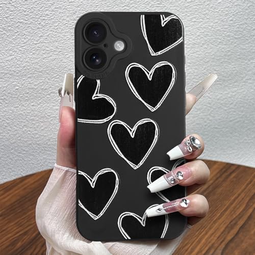 POTOK Handyhülle für iPhone 16 Plus Schwarz matt mit Kameraschutz, Niedlich Herz Silikon Hülle Design für Frauen Mädchen, Kratzfeste Schutzhülle für iPhone 16 Plus von POTOK