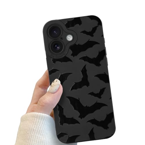 POTOK Handyhülle für iPhone 16 Schwarz matt mit Kameraschutz, Niedlich Fledermaus Schutzhülle Design für Frauen Mädchen, Kratzfeste Schutzhülle für iPhone 16 von POTOK