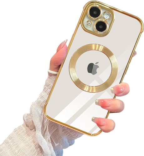 POUHYE Clear Magnetische Handyhülle für iPhone 15 Plus Hülle, Galvanisierte Stoßfeste Schutzhülle Kompatibel mit MagSafe Kabellosem Laden, Weiche TPU Silikon Case Gold von POUHYE