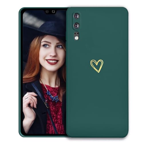 POUHYE Handyhülle für Huawei P20 Hülle, Soft Silikon Case mit Herz, Kameraschutz und Bildschirmschutz, Ultra Dünn Stoßfest Anti-Rutsch Schutzhülle für Huawei P20 Dunkelgrün von POUHYE