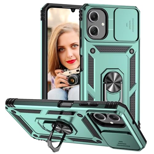 POUHYE Handyhülle für Samsung Galaxy A06 Hülle, [ Slide Camera] Hybrid Militärqualität Stoßfest Bumper Outdoor Handyhülle mit 360° Drehbarer Metall Ring Ständer Schutzhülle Case Dunkelgrün von POUHYE