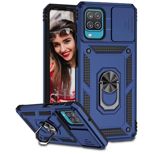 POUHYE Handyhülle für Samsung Galaxy A12 Hülle, [Slide Camera] Hybrid Militärqualität Stoßfest Bumper Outdoor Handyhülle mit 360° Drehbarer Metall Ring Ständer Schutzhülle Case Blau von POUHYE