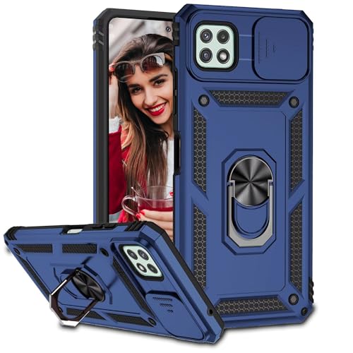 POUHYE Handyhülle für Samsung Galaxy A22 5G Hülle, [Slide Camera] Hybrid Militärqualität Stoßfest Bumper Outdoor Handyhülle mit 360° Drehbarer Metall Ring Ständer Schutzhülle Case Blau von POUHYE