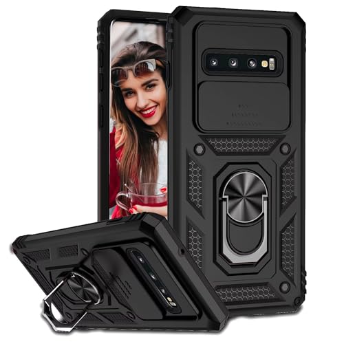 POUHYE Handyhülle für Samsung Galaxy S10 Hülle, [Slide Camera] Hybrid Militärqualität Stoßfest Bumper Outdoor Handyhülle mit 360° Drehbarer Metall Ring Ständer Schutzhülle Case Schwarz von POUHYE