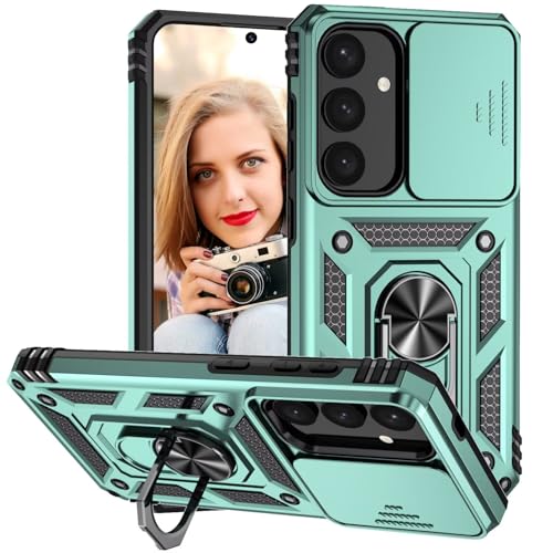 POUHYE Handyhülle für Samsung Galaxy S25 / Samsung Galaxy S24 5G Hülle, [ Slide Camera] Hybrid Militärqualität Stoßfest Outdoor Handyhülle Drehbarer Metall Ring Ständer Schutzhülle Case Dunkelgrün von POUHYE