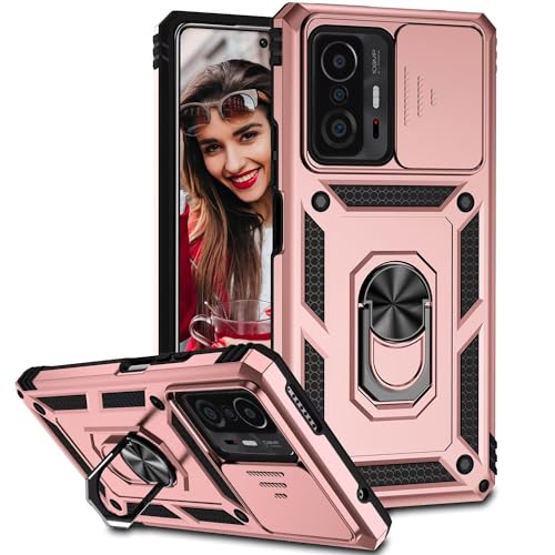 POUHYE Handyhülle für Xiaomi 11T /11T Pro Hülle, [Slide Camera] Hybrid Militärqualität Stoßfest Bumper Outdoor Handyhülle mit 360° Drehbarer Metall Ring Ständer Schutzhülle Case Roségold von POUHYE