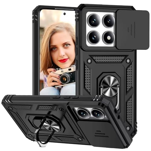POUHYE Handyhülle für Xiaomi 14T 5G Hülle, [ Slide Camera] Hybrid Militärqualität Stoßfest Bumper Outdoor Handyhülle mit 360° Drehbarer Metall Ring Ständer Schutzhülle Case Schwarz von POUHYE