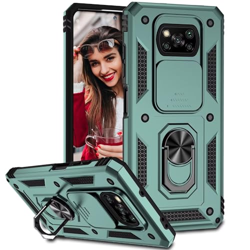 POUHYE Handyhülle für Xiaomi Poco X3 NFC/Poco X3 Pro Hülle, [Slide Camera] Hybrid Militärqualität Stoßfest Bumper Outdoor Handyhülle mit 360° Drehbarer Metall Ring Ständer Schutzhülle Case Dunkelgrün von POUHYE