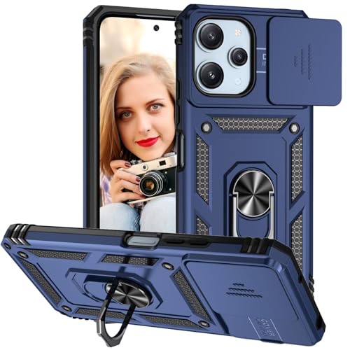 POUHYE Handyhülle für Xiaomi Redmi 12 4G/5G Hülle, [ Slide Camera] Hybrid Militärqualität Stoßfest Bumper Outdoor Handyhülle mit 360° Drehbarer Metall Ring Ständer Schutzhülle Case Blau von POUHYE