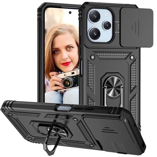 POUHYE Handyhülle für Xiaomi Redmi 12 4G/5G Hülle, [ Slide Camera] Hybrid Militärqualität Stoßfest Bumper Outdoor Handyhülle mit 360° Drehbarer Metall Ring Ständer Schutzhülle Case Schwarz von POUHYE