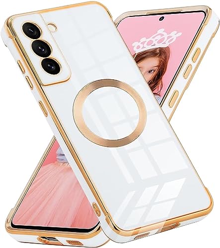 POUHYE Magnetische Hülle für Samsung Galaxy S21 FE Handyhülle, Flexible Silikon TPU Galvanisierte Case Cover für Mädchen Frauen, Volle Kamera Objektiv Schutzhülle Kompatibel mit MagSafe Weiß von POUHYE