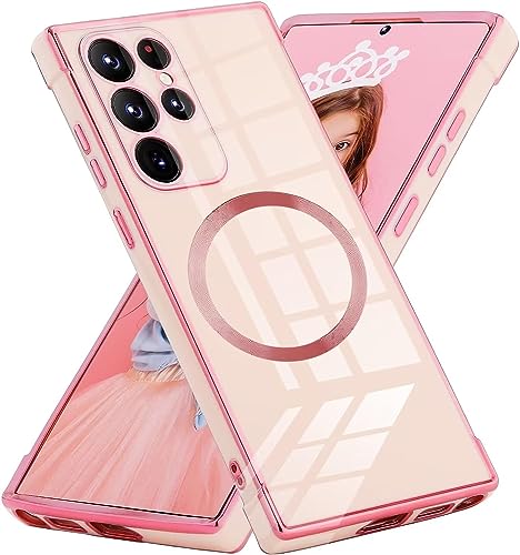 POUHYE Magnetische Hülle für Samsung Galaxy S23 Ultra Handyhülle, Flexible Silikon TPU Galvanisierte Case Cover für Mädchen Frauen, Volle Kamera Objektiv Schutzhülle Kompatibel mit MagSafe Rosa von POUHYE