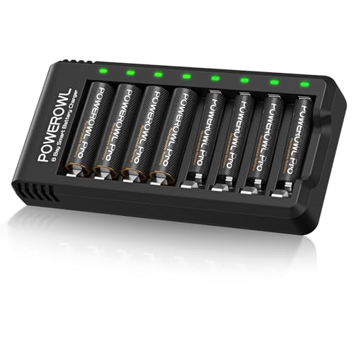 POWEROWL Akku Ladegerät mit 4 AA Akku+ 4 AAA Akku PRO Goldtop, Batterieladegerät für NI-MH NI-CD AAA AA Wiederaufladbare Batterien – 8 Stück von POWEROWL