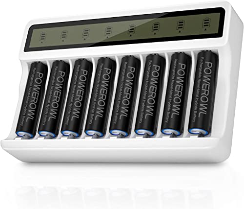 POWEROWL Akkuladegerät Batterien 8 AA, LCD Bildschirm Batterieladegerät (Micro-USB Anschluss, unabhängiger Steckplatz) für NI-MH NI-CD AA AAA Akku wiederaufladbare Batterien von POWEROWL
