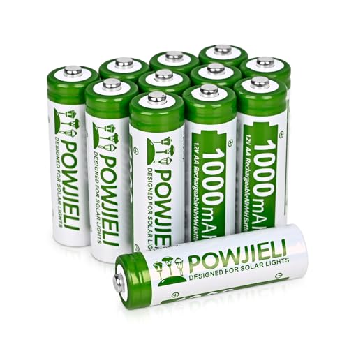 POWJIELI NI-MH AA Akku,Doppel-A-Solarakku Wiederaufladbare Batterien Geringe Selbstentladung, 1.2 V vorgeladen für Solarleuchten, Lichterketten, Solar-Wegeleuchten (12 Stück) von POWJIELI