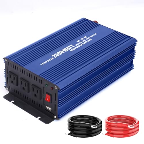 POWTDEAR 2000W Wechselrichter Wechselrichter 2000W DC 12V auf 110V AC für Auto mit 2.4A USB Ports, 3 AC-Ausgänge, Blau von POWTDEAR