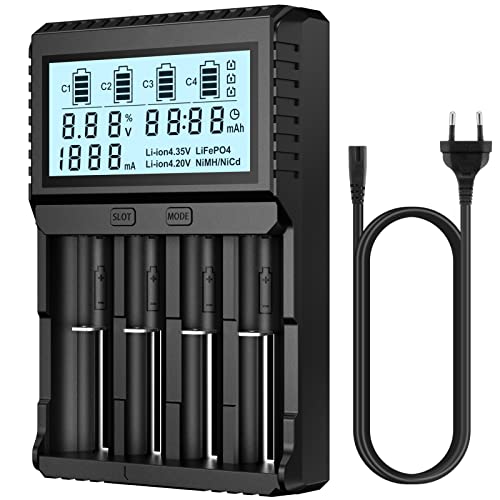 POWXS 18650 Akku Ladegerät mit Testfunktionen, Universal 3,7V Ladegerät für Li-Ion Akkus IMR Lithium 26650 21700 18650 16340 14500 10440, NI-Mh/NI-Cd AA AAA C Batterie Ladegerät (mit EU-Stecker) von POWXS