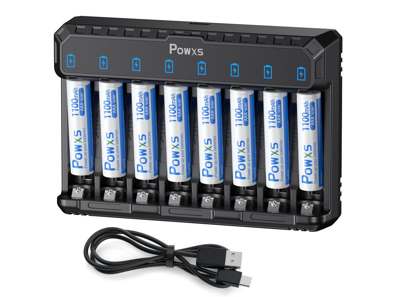 POWXS 8-Fach Akku Ladegerät für Lithium NiMH NICD AA AAA Akku,  Akku-Ladestation (Batterie-Ladegerät, mit 8 AAA 1100mAh Akku) von POWXS