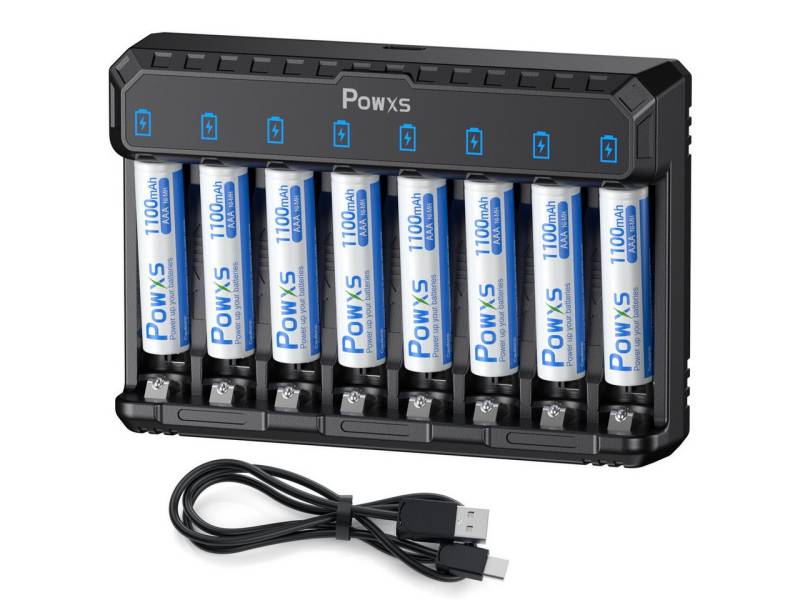 POWXS 8-Fach Akku Ladegerät für Lithium NiMH NICD AA AAA Akku,  Akku-Ladestation (Batterie-Ladegerät, mit 8 AAA 1100mAh Akku) von POWXS