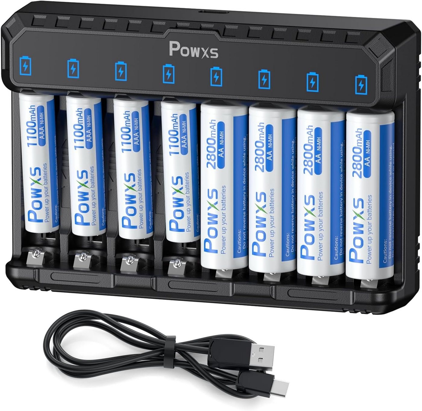 POWXS 8-Fach Akku Ladegerät für Lithium NiMH NICD AA AAA Akku Batterie-Ladegerät (mit 4 x 2800mAh AA + 4 x 1100mAh AAA Akku) von POWXS