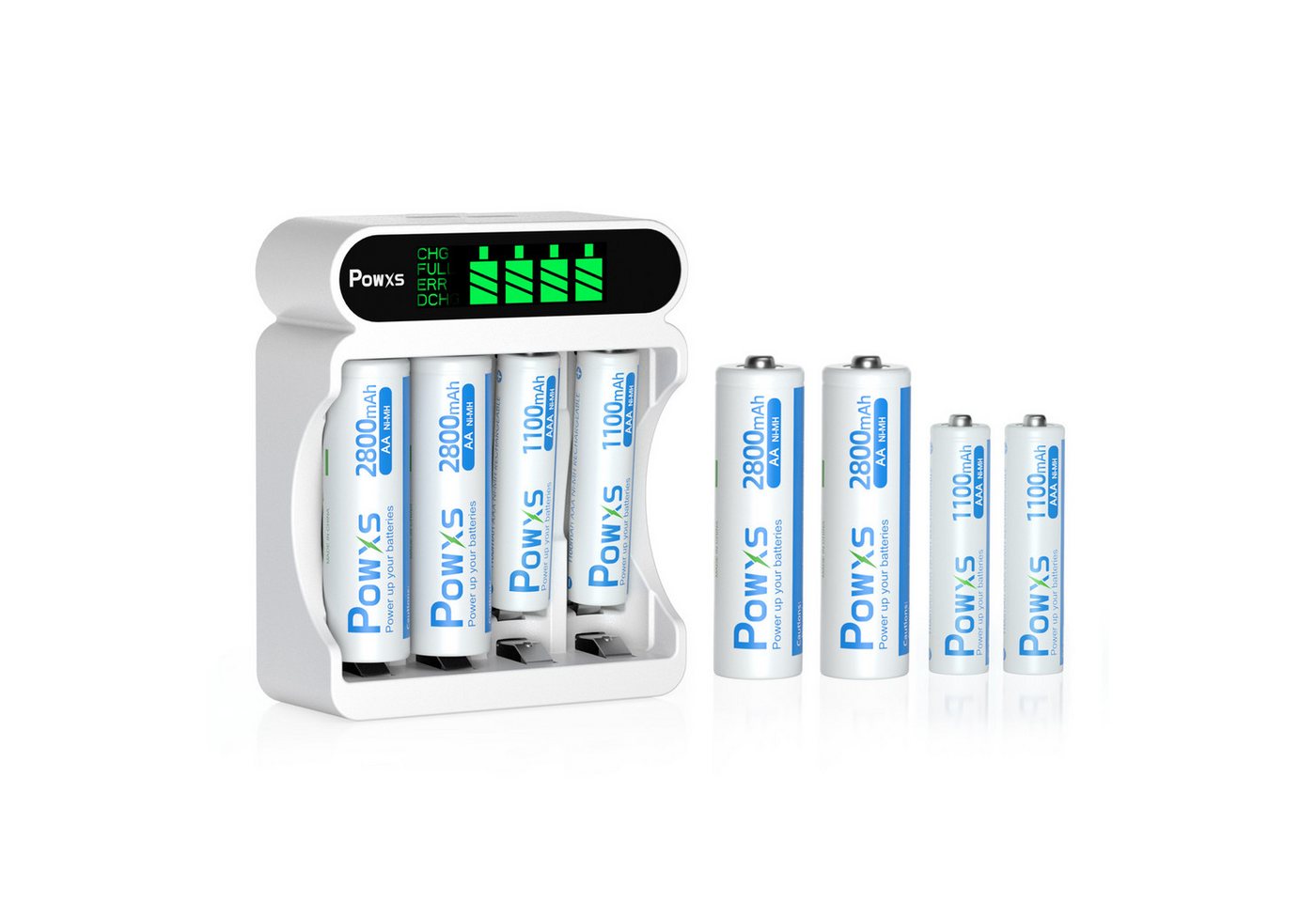 POWXS Akku Ladegerät 4 Fach Mit 4 x AA und 4 x AAA Hohe Kapazität Akkus Batterie-Ladegerät (für USB und Typ-C Eingang Akkuladegerät) von POWXS