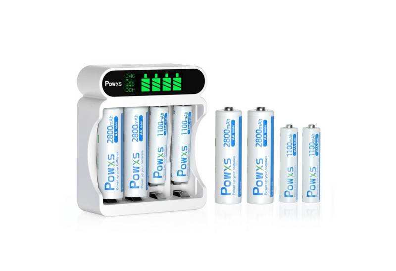 POWXS Akku Ladegerät 4 Fach Mit 4 x AA und 4 x AAA Hohe Kapazität Akkus Batterie-Ladegerät (für USB und Typ-C Eingang Akkuladegerät) von POWXS