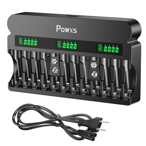 POWXS Akku Ladegerät für AA AAA 9V mit 1800mA Schnelles Laden, Separater Aufladung 12-Bay-Ladegerät für 1,2V NI-MH NI-CD AA AAA 9V Akkus und 9V Lithium-Ionen (inkl. AC-Kabel) von POWXS