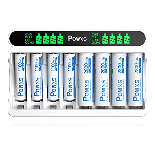 POWXS Batterie Ladegerät mit 4 AA&4AAA Akku, 8-Ladeplatz Akku Ladegerät mit LCD Anzeige, Wiederaufladbare Akku AA&4AAA, Schnell Akkuladegerät für NI-MH NI-CD AA/AAA Akkus USB & Typ-C Eingang von POWXS