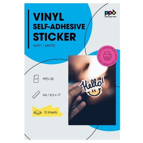PPD 10 x A4 Inkjet PREMIUM Vinyl Aufkleberfolie Bedruckbar, Weiß, Matt, Selbstklebend PPD-38-10 von PPD