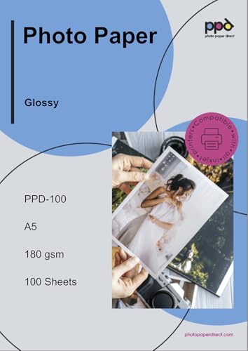 PPD 100 x A5 Inkjet Premium Fotopapier 180g Hochglänzend, Sofort Trocken und Wasserfest PPD-100-100 von PPD