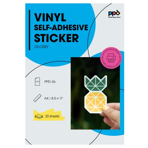 PPD 20xA4 Inkjet PREMIUM Vinyl Aufkleberfolie Bedruckbar, Weiß, Glänzend, Selbstklebend PPD-36-20 von PPD