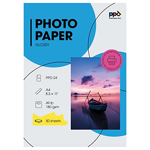 PPD 50 x A4 Inkjet Premium Fotopapier 180g Hochglänzend, Sofort Trocken und Wasserfest PPD-24-50 von PPD