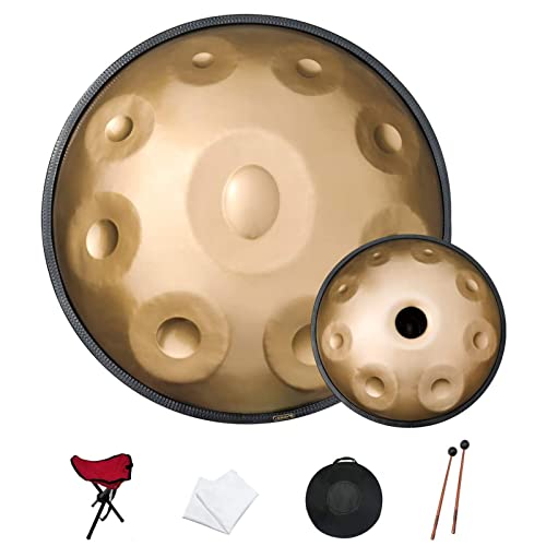 Golden Handpan Drum Percussion, Hand Pan Steel Drum 17 Notes 22 Inch 440hz In D Moll with Soft Handpan Case, Durable Handpan Stand von PPGE Home