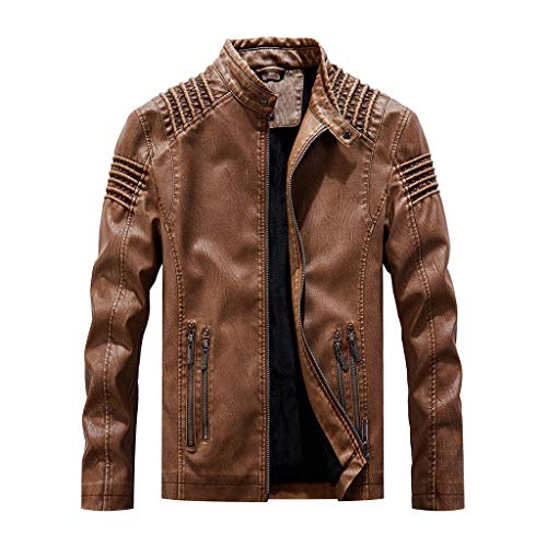 PPangUDing Herren Lederjacke Biker Jacke Casual Winterjacke Tasche Motorradjacke Übergangsjacke Vintage Motorrad Reißverschluss Langarm Mantel Top Blusen Cleane Basic Echtleder (3XL, Khaki) von PPangUDing