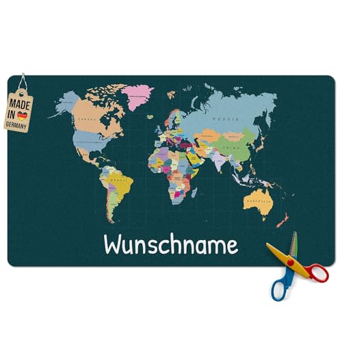 Pr Print Royal Schreibtischunterlage selbst gestalten mit Name - Weltkarte mit Ländern - Waschbar, Personalisierte Geschenke zur Einschulung | 60x35 cm, Rutschfest von PR Print Royal