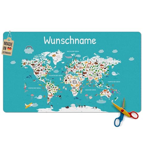 Pr Print Royal Schreibtischunterlage selbst gestalten mit Name - Weltkarte mit Tieren - Waschbar, Personalisierte Geschenke zur Einschulung | 60x35 cm, Rutschfest von PR Print Royal