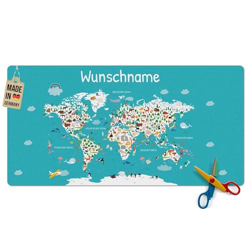 Pr Print Royal Schreibtischunterlage selbst gestalten mit Name - Weltkarte mit Tieren - Waschbar, Personalisierte Geschenke zur Einschulung | 80x40 cm, Rutschfest von PR Print Royal