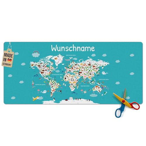 Pr Print Royal Schreibtischunterlage selbst gestalten mit Name - Weltkarte mit Tieren - Waschbar, Personalisierte Geschenke zur Einschulung | 90x40 cm, Rutschfest von PR Print Royal