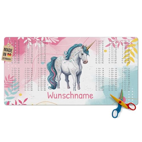 Pr Print Royal Schreibtischunterlage selbst gestalten mit Name - mit großem Einmaleins - Einhorn - Waschbar, Personalisierte Geschenke zur Einschulung | 80x40 cm, Rutschfest von PR Print Royal